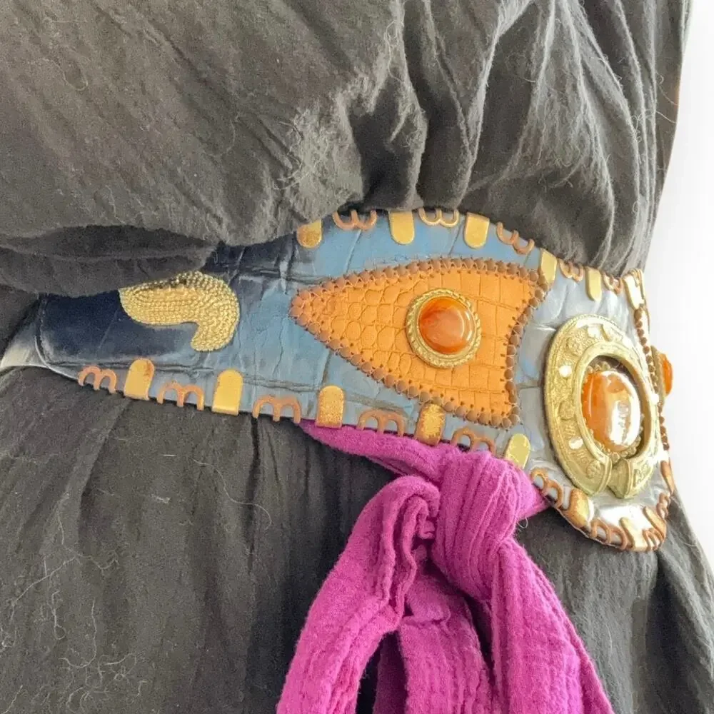 Nina Arjani Leatherock 1990s Wide Cinch Belt Blue Croc Cabochon Boho Renaissance